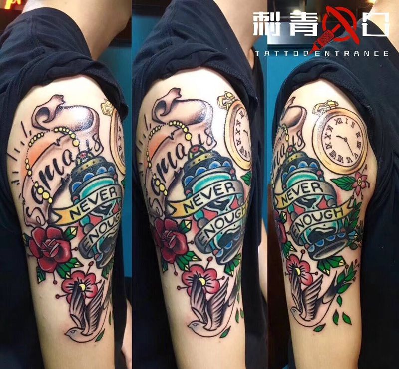 沙漏纹身图片_成品手臂清新欧美几何植物纹身图案