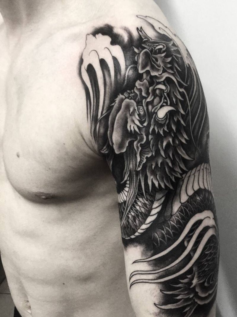 穿雲蟠龍纹身图片_手臂传统鬼神动物原创設計男孩紋身宗教纹身图案