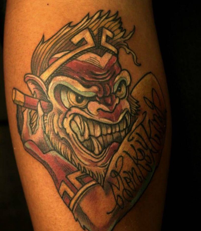 美式猴王（原創）纹身图片_成品腿部欧美原创鬼神設計男孩紋身纹身图案
