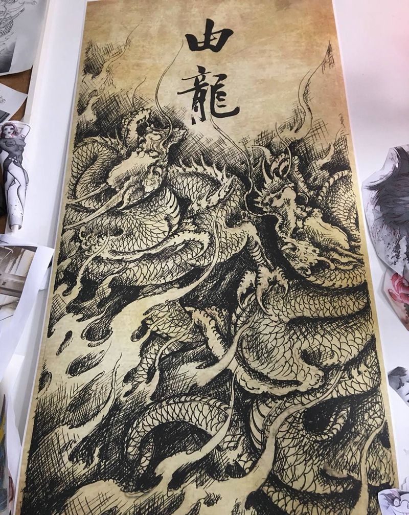 龙争纹身图片_手稿传统纹身图案