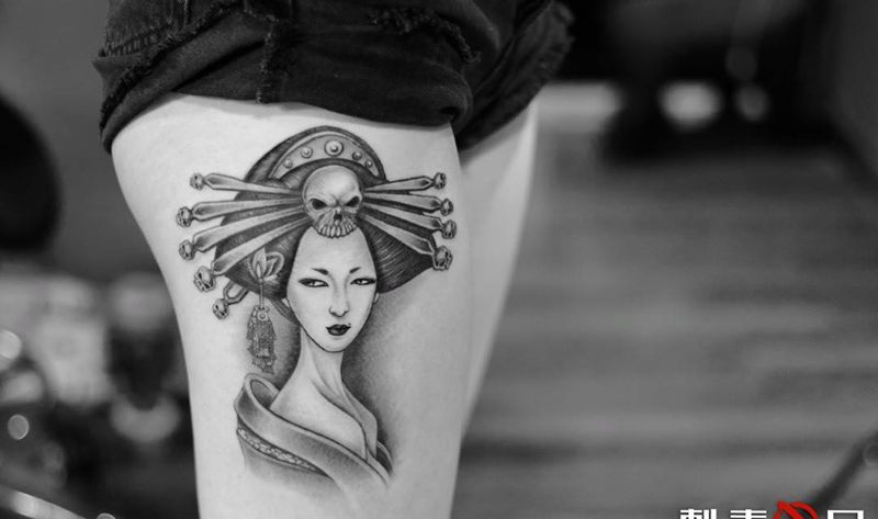 艺伎纹身图片_成品腿部传统习俗肖像人物纹身图案