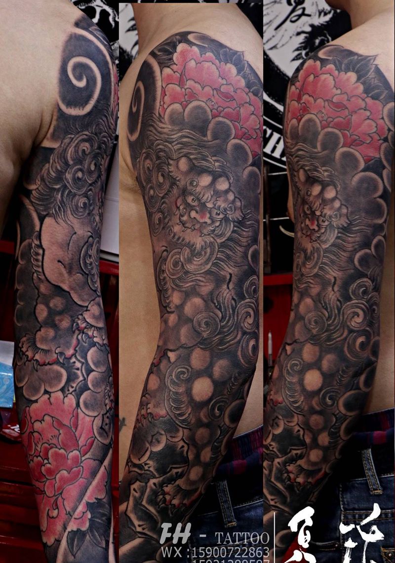 唐狮子包臂纹身图片