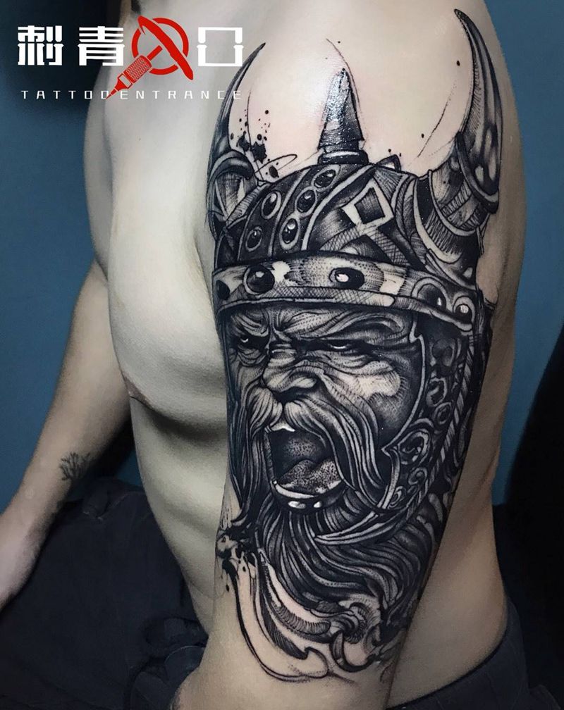 愤怒的维京人纹身图片_成品手臂欧美肖像写实几何人物图腾宗教纹身图案