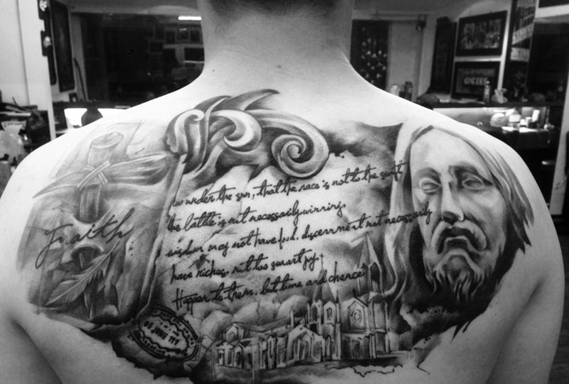 祝福纹身图片_成品背部欧美写实原创宗教設計潑墨纹身图案