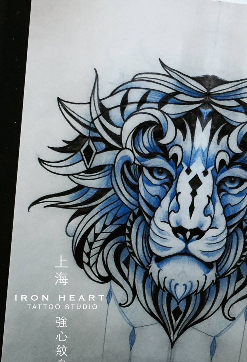 雄獅 (原創）纹身图片_成品插画手稿胸部欧美設計动物原创几何图腾纹身图案