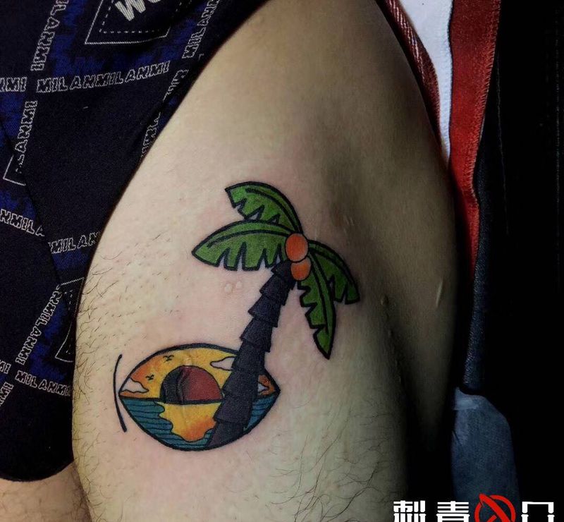 椰风落日纹身图片_成品腿部欧美清新几何植物图腾纹身图案