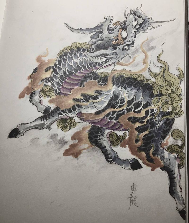 麒麟草图纹身图片_传统手稿动物原创肩部脚部手臂腿部纹身图案