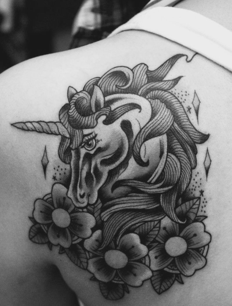 New school 獨角獸纹身图片_成品手稿肩部清新欧美动物原创School風格女孩紋身設計纹身图案