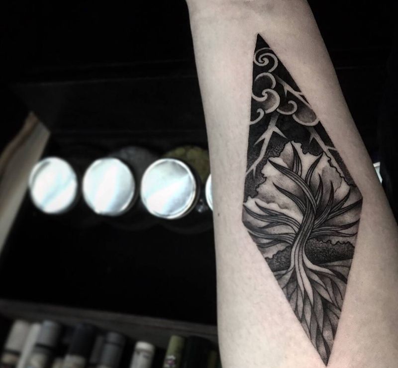 雷.樹.根（原創）纹身图片_成品手臂欧美清新原创植物設計男孩紋身纹身图案