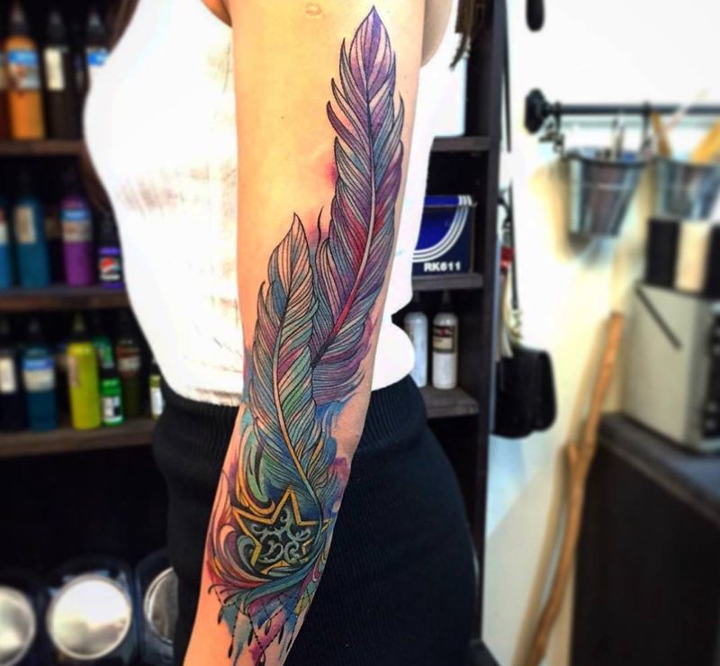 羽（原創）纹身图片_成品手臂欧美清新原创静物女孩紋身潑墨水彩暈染設計纹身图案