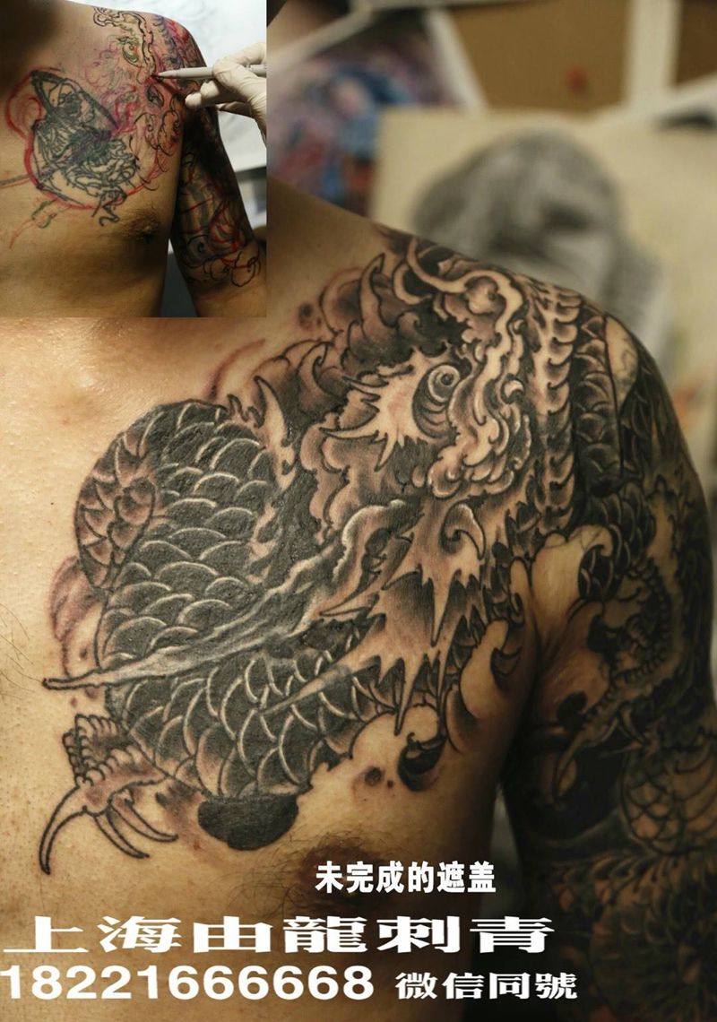 龙头胸口的遮盖纹身图片_动物胸部肩部背部传统手稿纹身图案