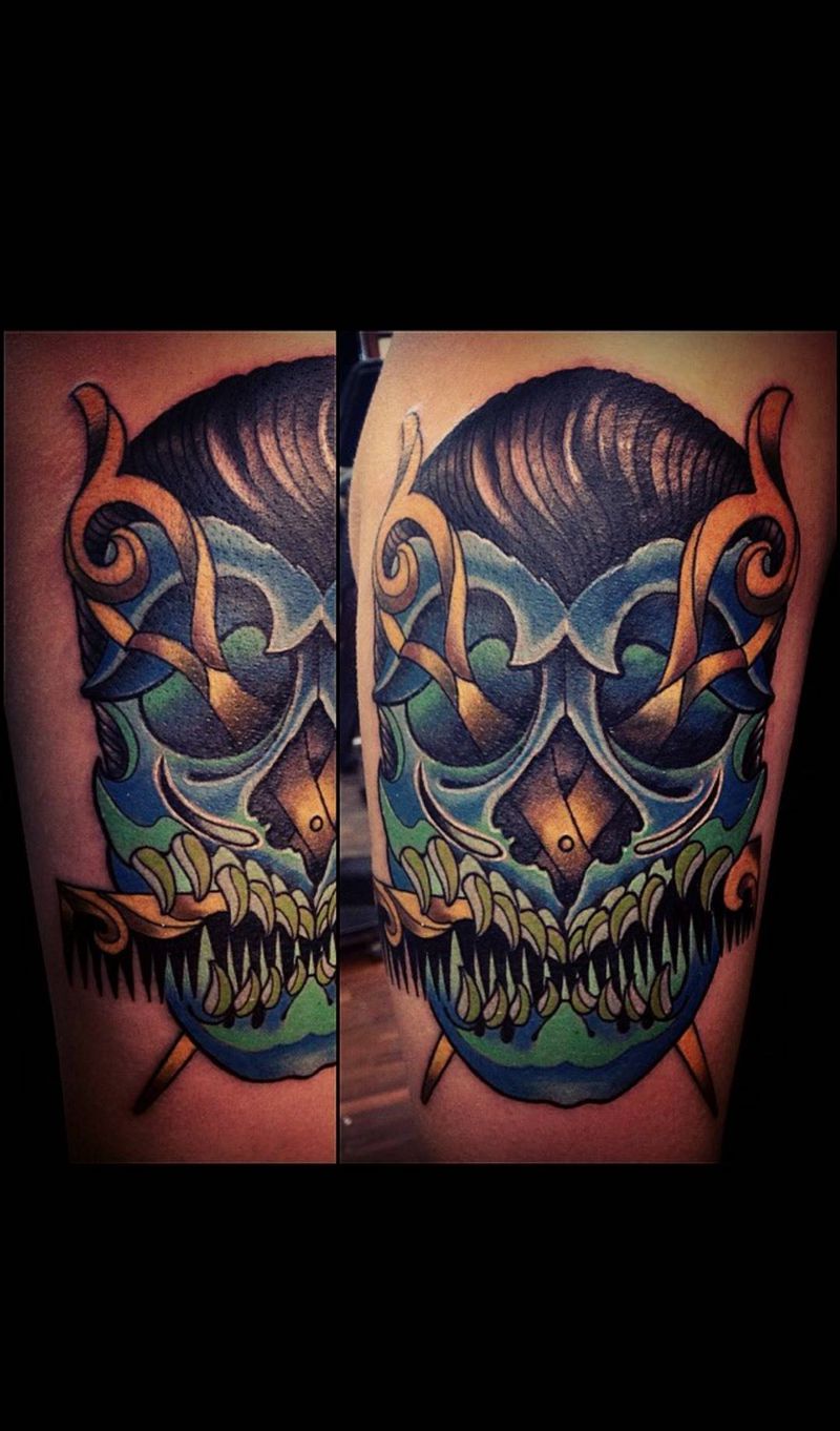 油頭骷髏（原創）纹身图片_成品欧美School風格男孩紋身原创鬼神設計纹身图案