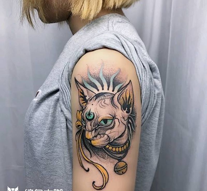 斯芬克斯纹身图片_手臂New School点刺纹身图案