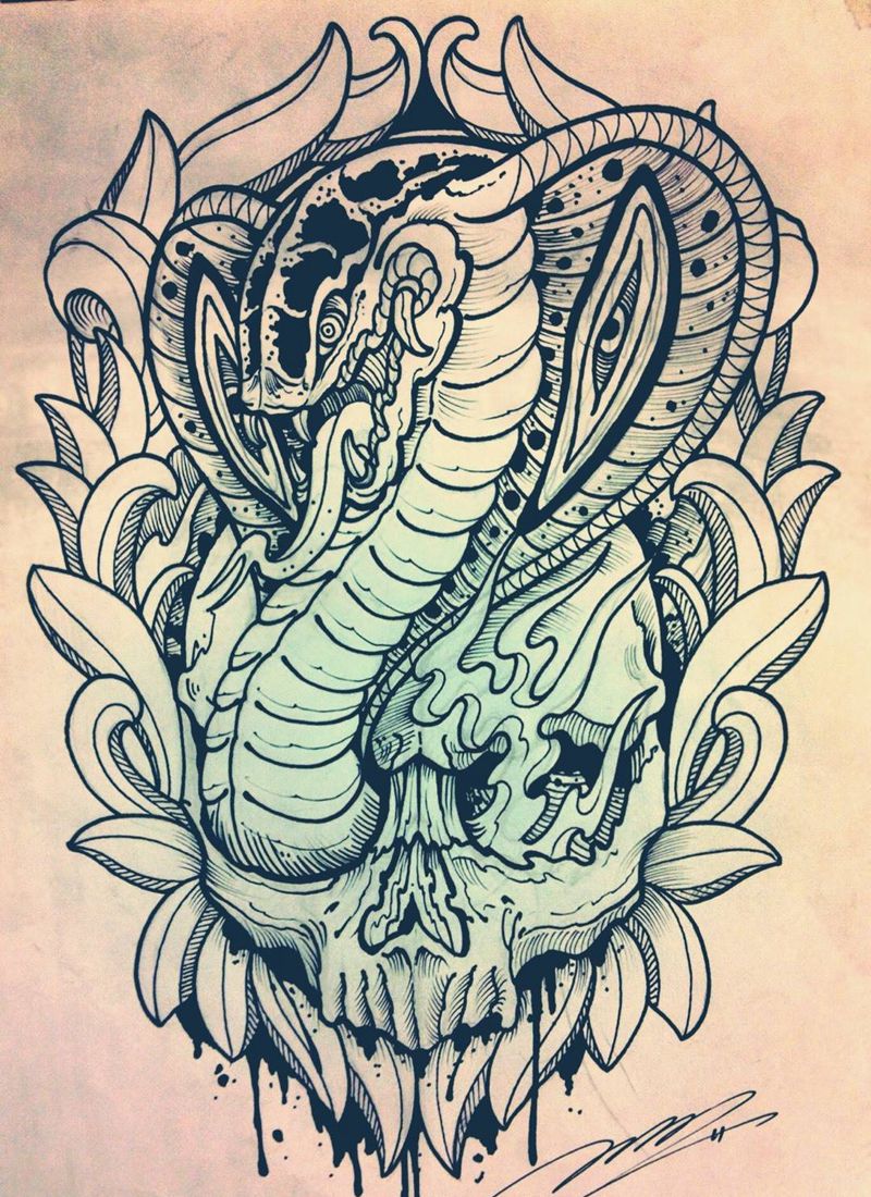 Skull & snake纹身图片_成品手稿手部手臂欧美动物鬼神原创纹身图案