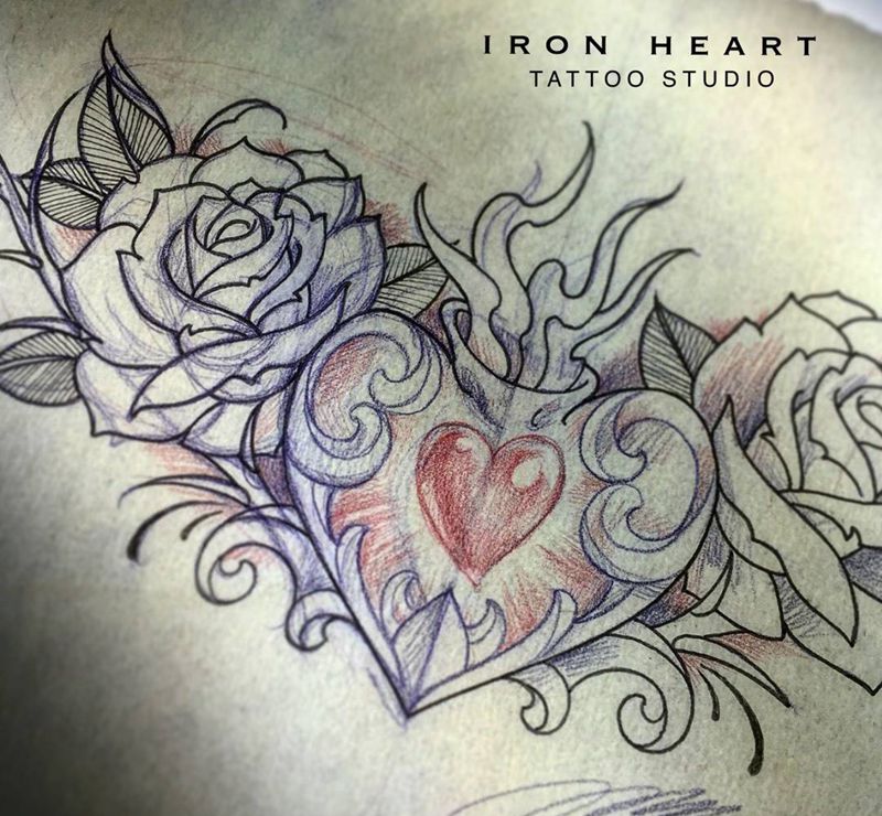 玫瑰&聖心 （包胸）纹身图片_手稿插画胸部背部欧美静物宗教原创設計School風格纹身图案