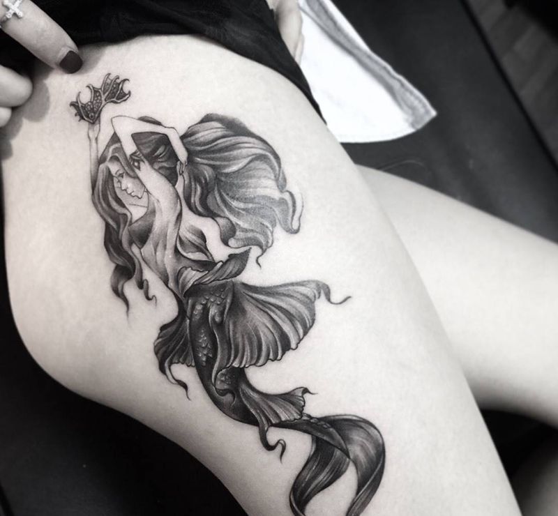 小美人魚公主纹身图片_成品腿部欧美清新女孩紋身設計纹身图案