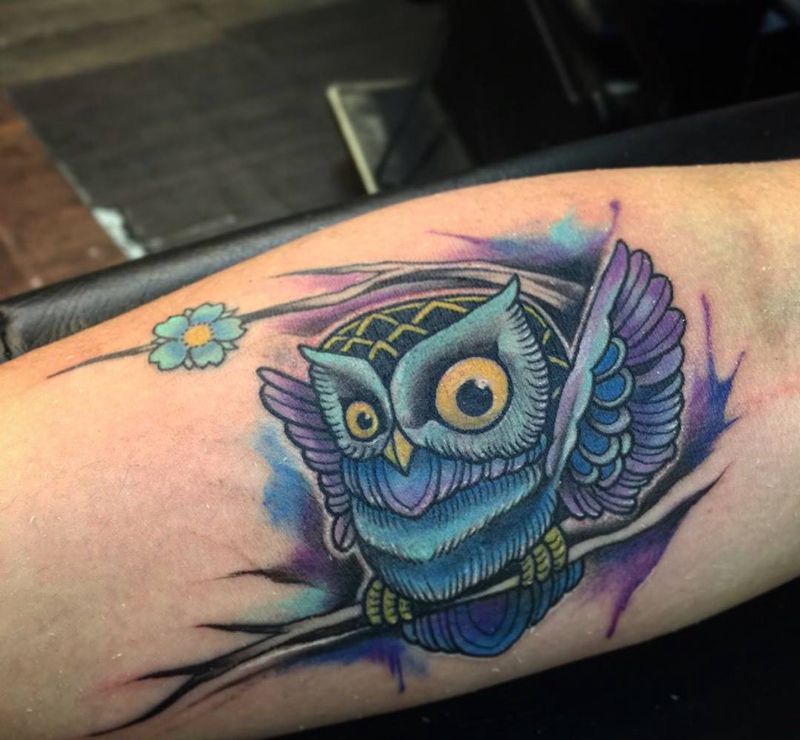 可愛小貓頭鷹纹身图片_成品手臂清新欧美动物原创水彩暈染設計纹身图案