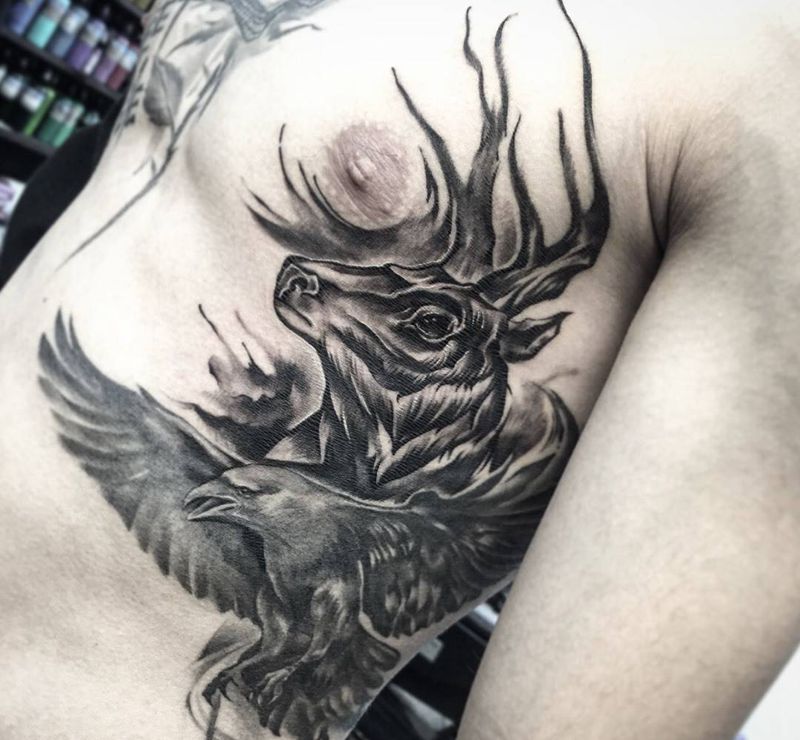 鹿纹身图片_成品腰部欧美清新原创动物潑墨設計纹身图案