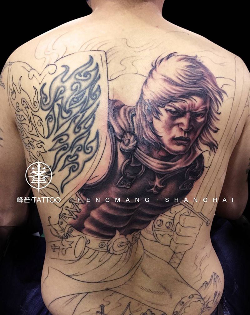圣战武士（原创修补）纹身图片_背部欧美写实武士原创遮盖纹身图案