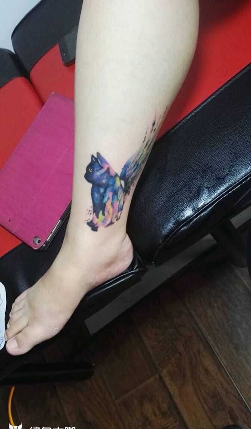 猫咪纹身图片_脚部欧美动物成品纹身图案