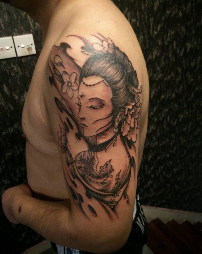 大臂艺妓纹身纹身图片_手臂传统人物成品纹身图案