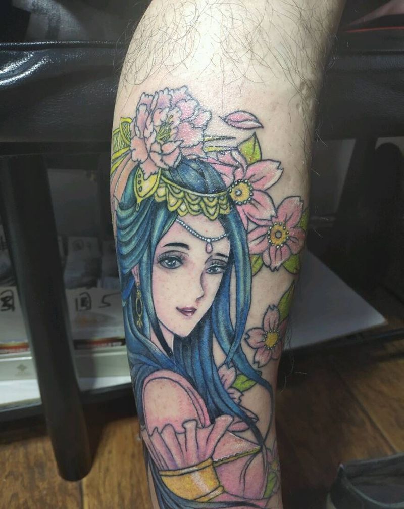 小腿艺妓！纹身图片_腿部传统人物成品纹身图案