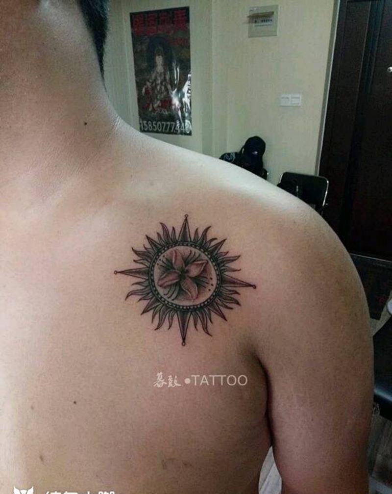 卓玛花&太阳图腾纹身图片_肩部清新图腾原创成品纹身图案