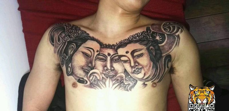 三面佛纹身图片_胸部传统人物鬼神成品纹身图案