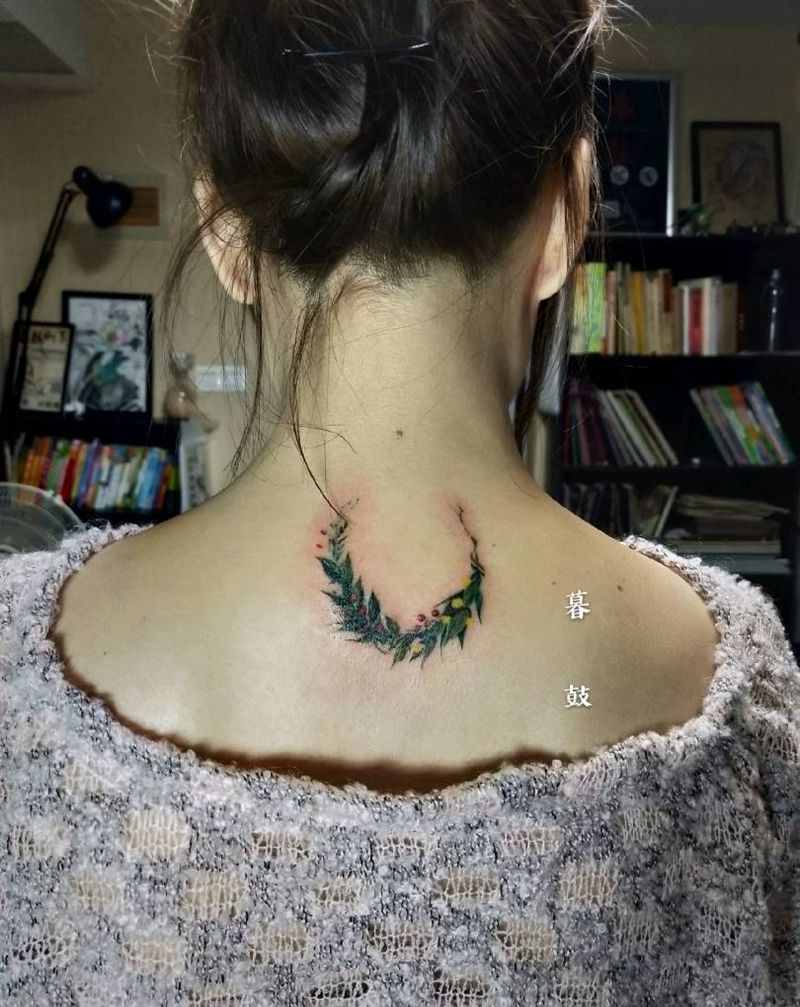 玉颈一丛繁华纹身图片_颈部纹身图案