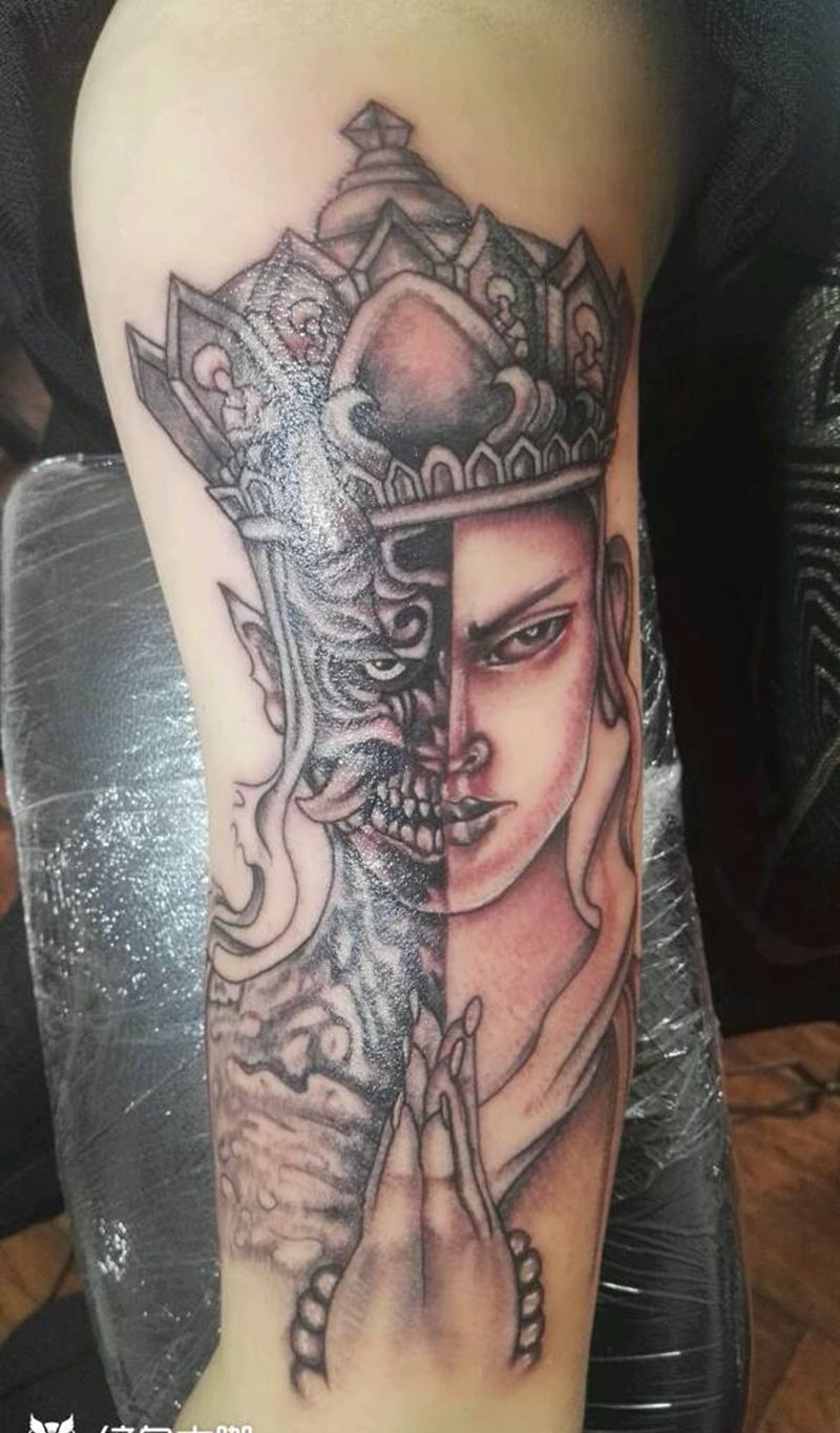 佛魔纹身图片_手臂传统人物成品纹身图案