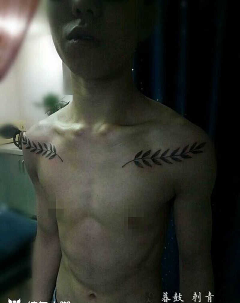 树叶条纹身图片_胸部清新植物原创成品纹身图案