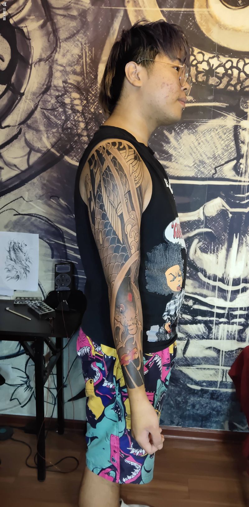 2499日式花臂未完成纹身图片_手臂老传统纹身图案