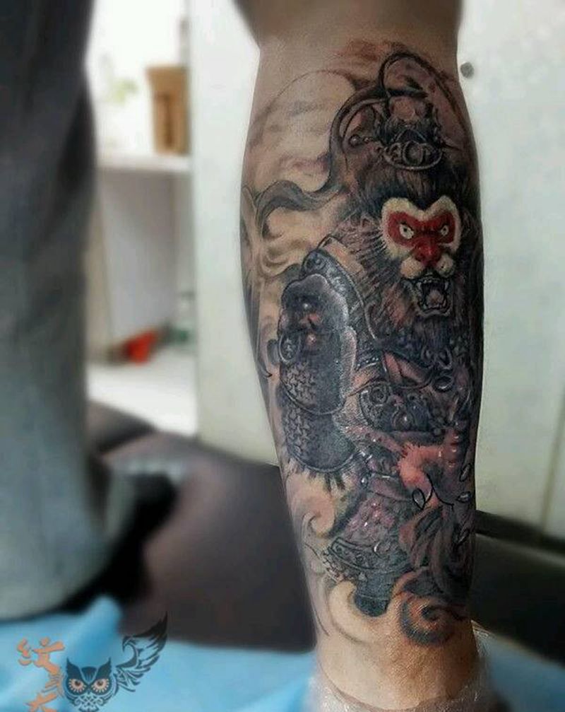 包腿大圣(盖疤)纹身图片_腿部传统人物鬼神纹身图案