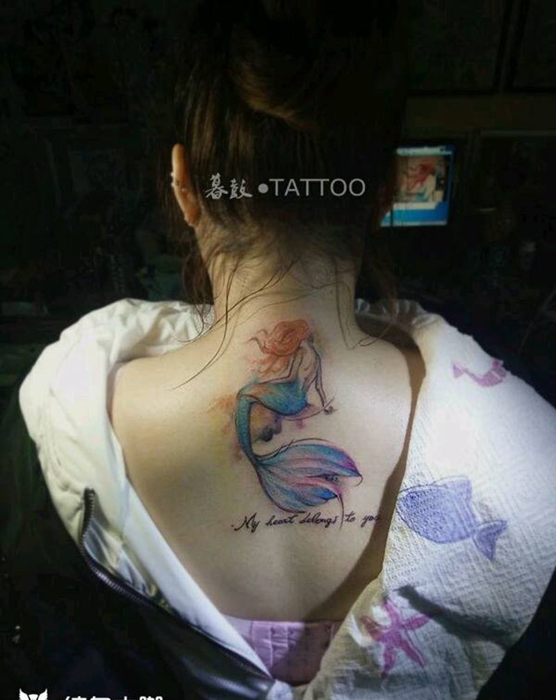 魚//美人纹身图片_颈部清新动物原创成品纹身图案