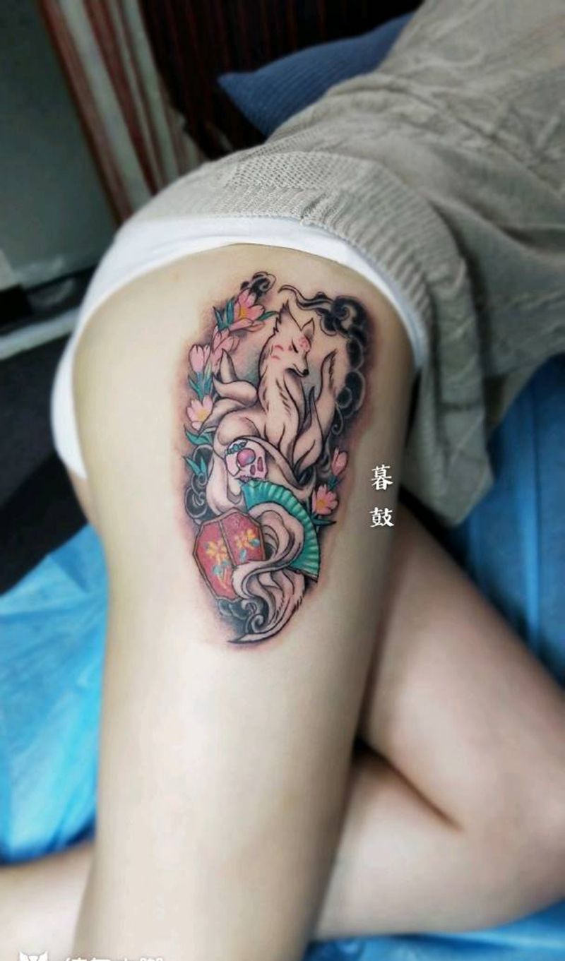何老板妹的狐纹身图片_腿部纹身图案