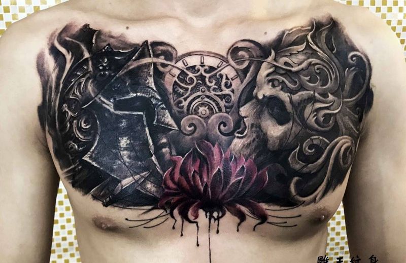 绽放纹身图片_胸部纹身图案