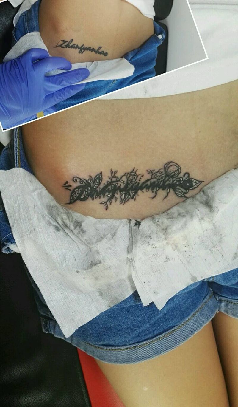遮盖纹身图片_腹部欧美字符植物成品纹身图案