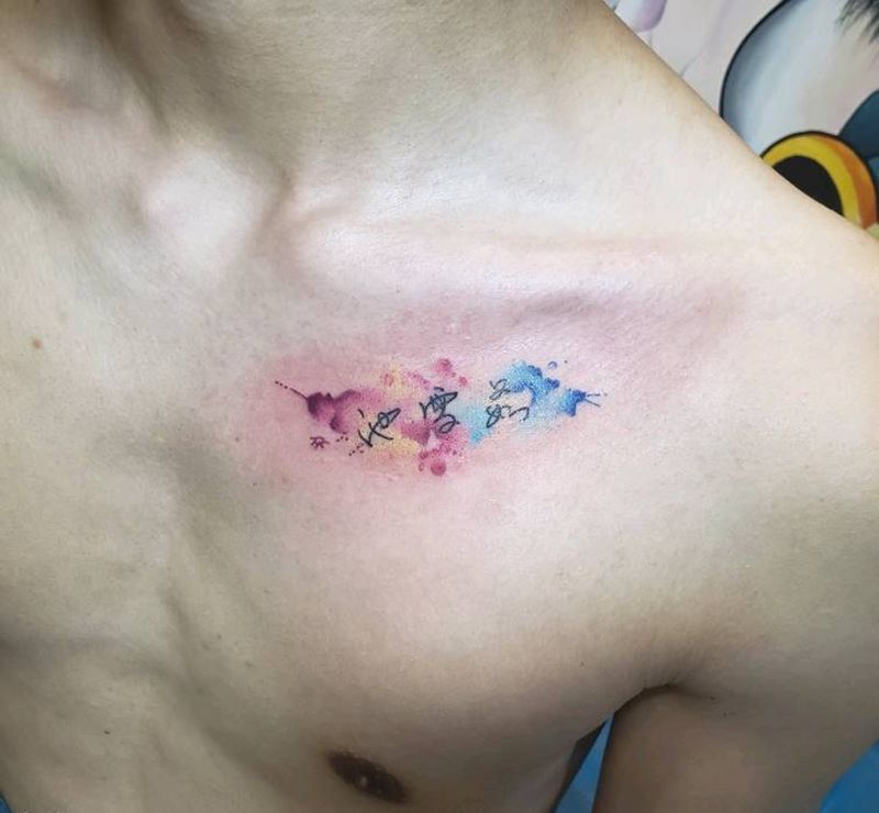 水彩汉字纹身图片_胸部水彩纹身图案