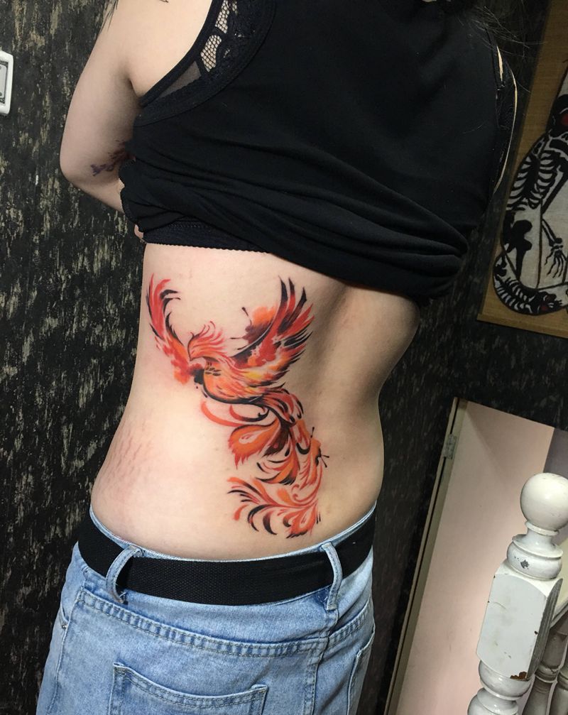 凤凰纹身图片_腰部水彩纹身图案