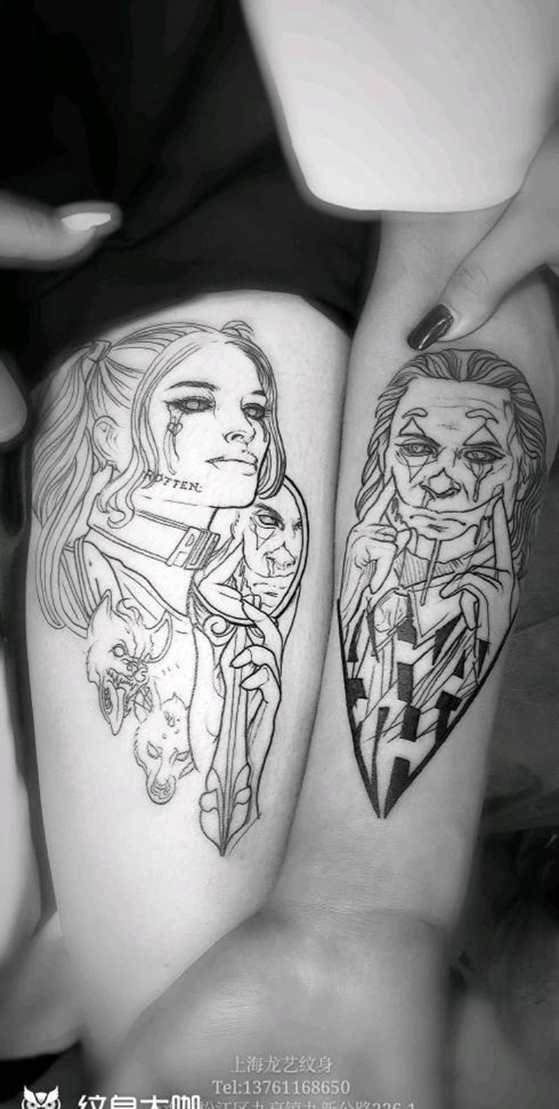 叛逆风情侣纹身纹身图片_腿部手臂小丑情侣纹身图案