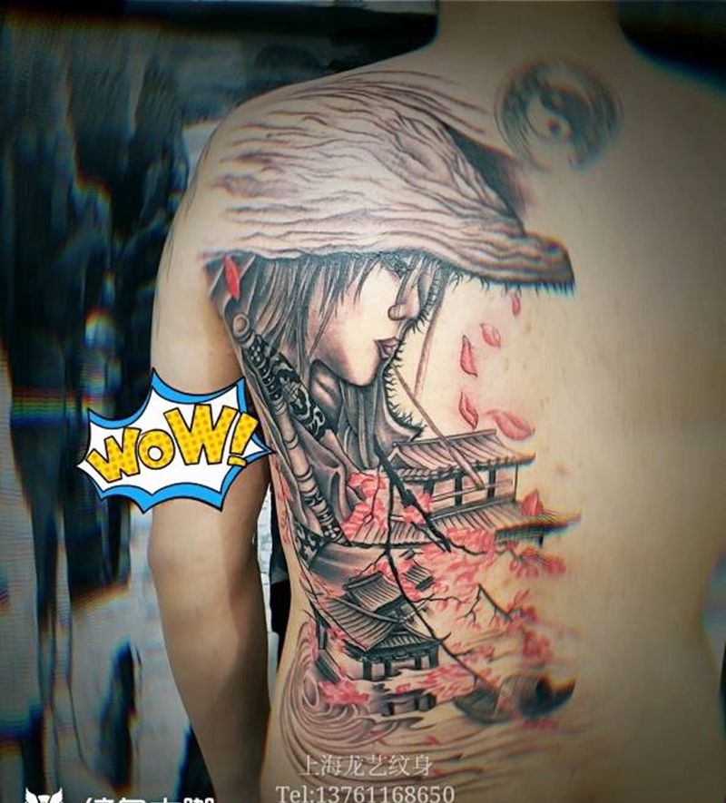 寒江孤影纹身图片_背部新传统纹身图案