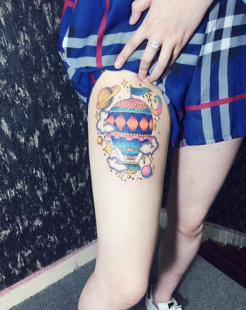 热气球纹身图片_腿部欧美成品纹身图案