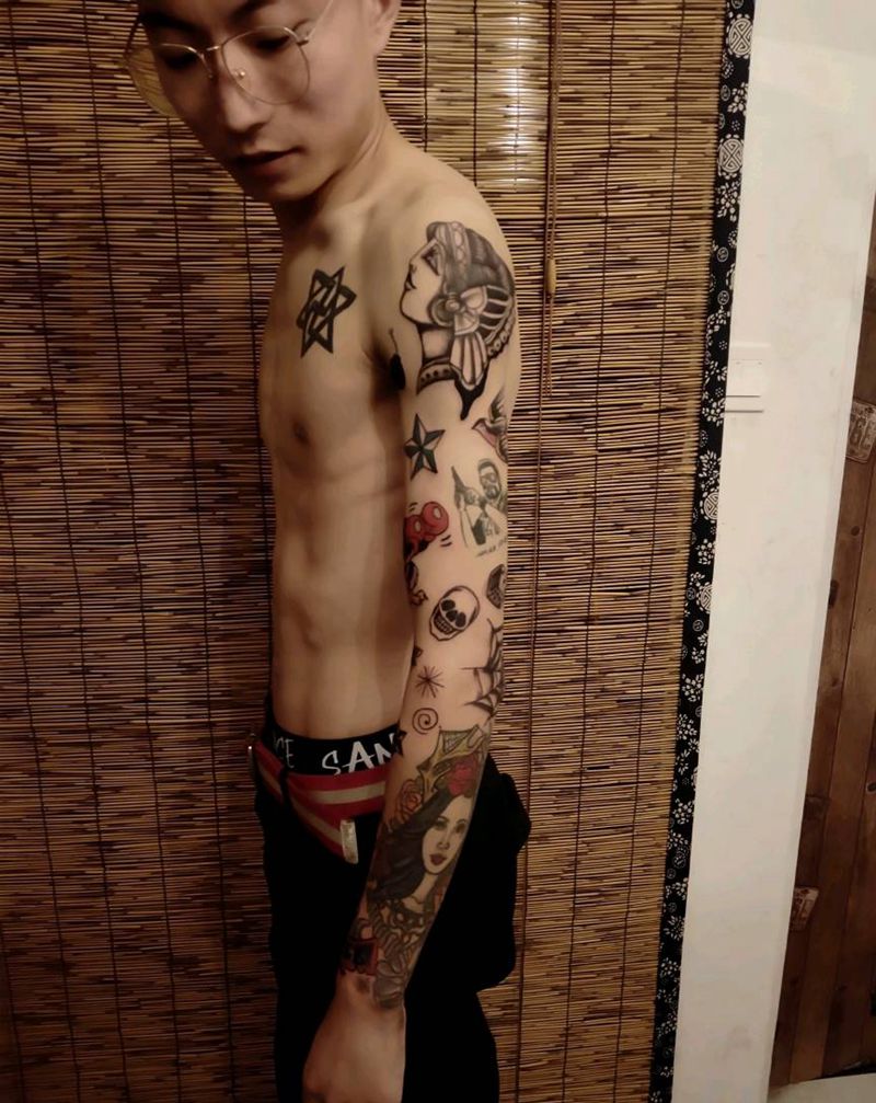 欧美拼接花臂1999元纹身图片_手臂New School纹身图案