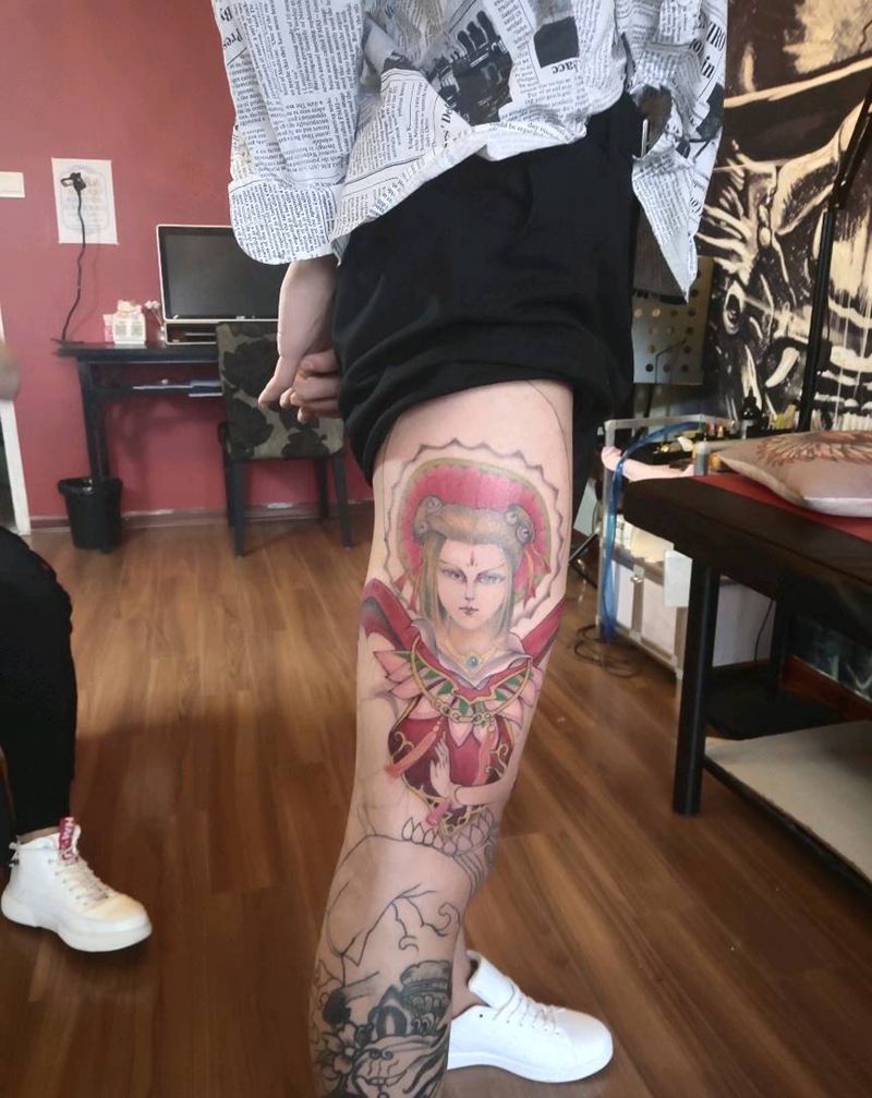 哪吒花腿纹身图片_新传统纹身图案