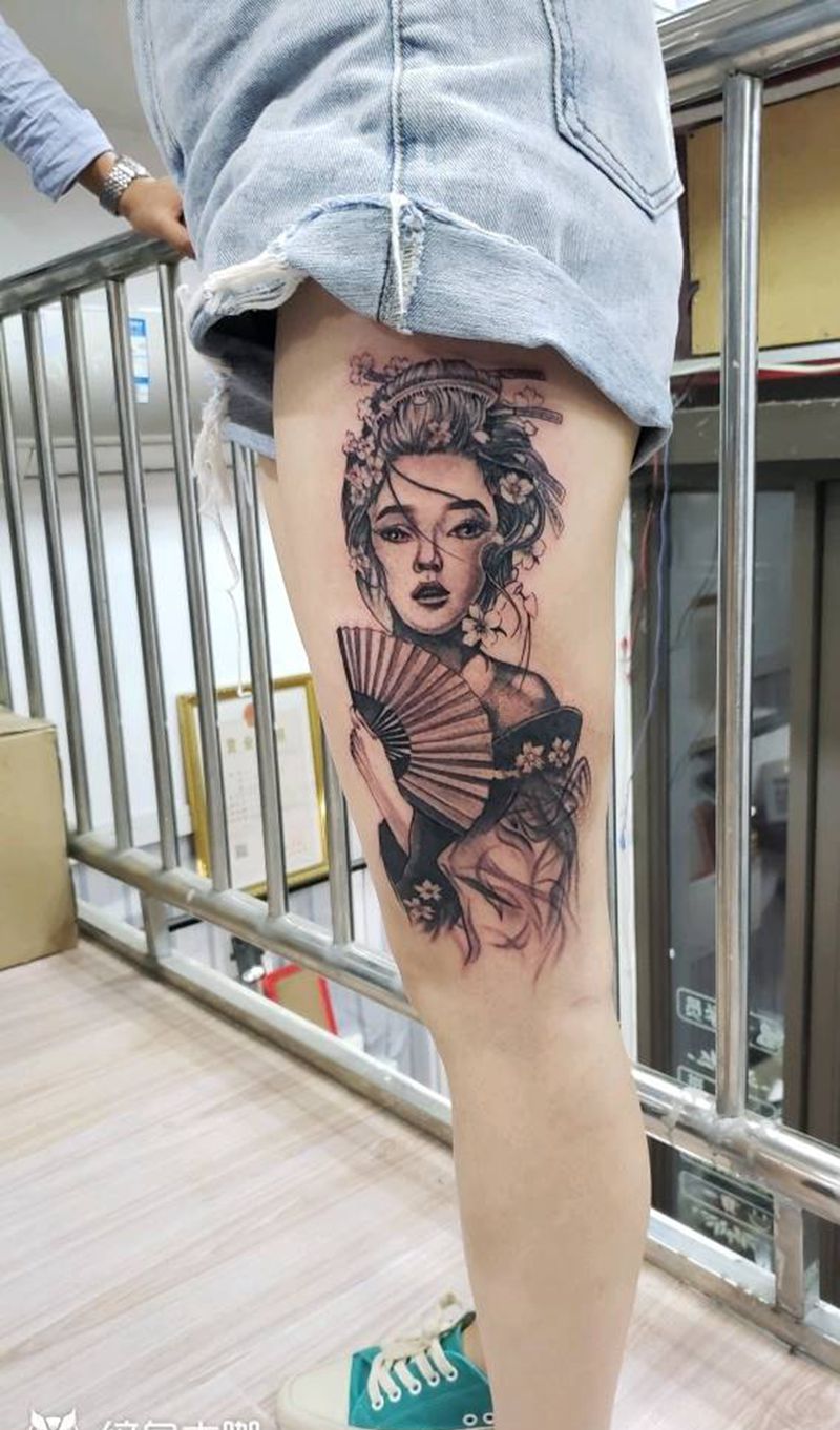 艺妓（疤痕遮盖）纹身图片_腿部纹身图案