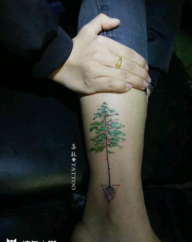 绿&根纹身图片_腿部清新植物成品纹身图案