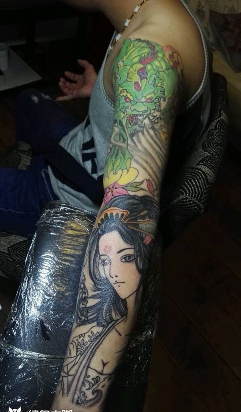 未完成包小臂！大臂非本店作品！纹身图片_手臂传统人物成品纹身图案