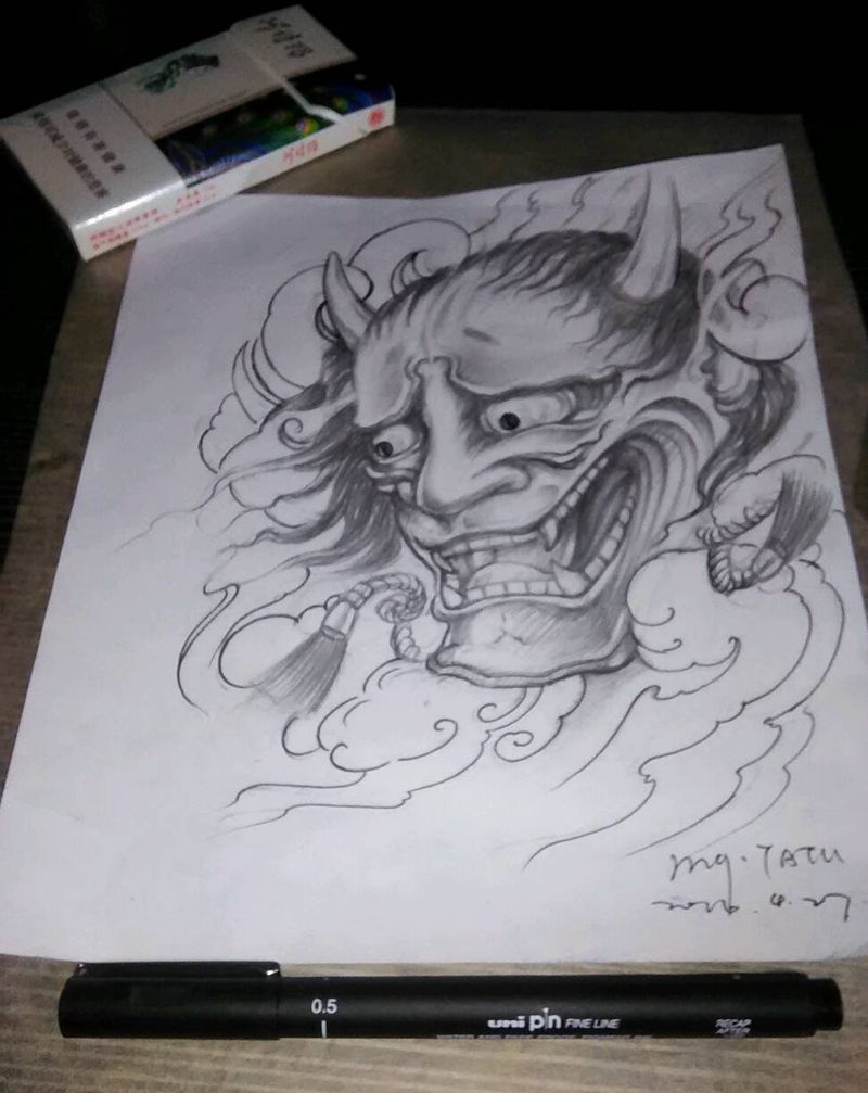 无战事画两笔(般若)纹身图片_原创手稿纹身图案