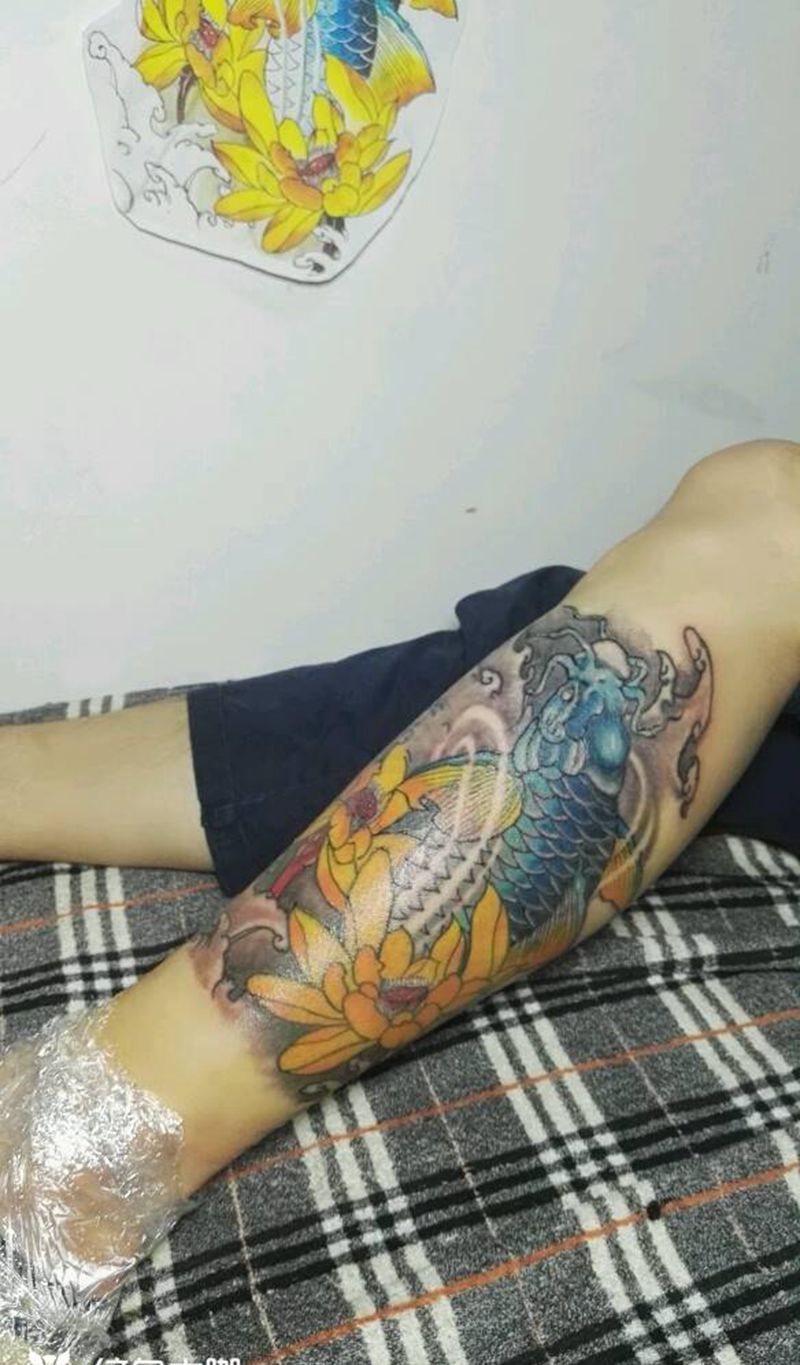 麻药鱼！纹身图片_腿部欧美传统动物成品纹身图案