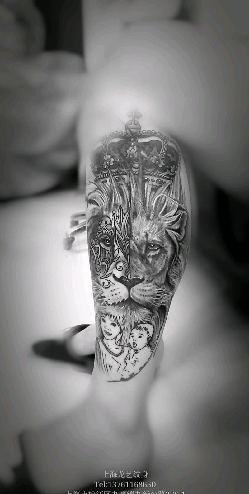雄狮纹身图片_腿部欧美写实纹身图案